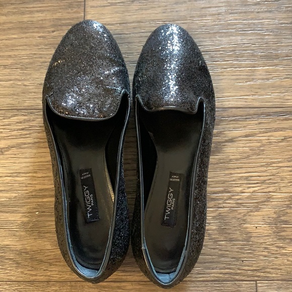 TWIGGY 100% Italy Made Glitter Ballet Black Flats - Picture 1 of 4